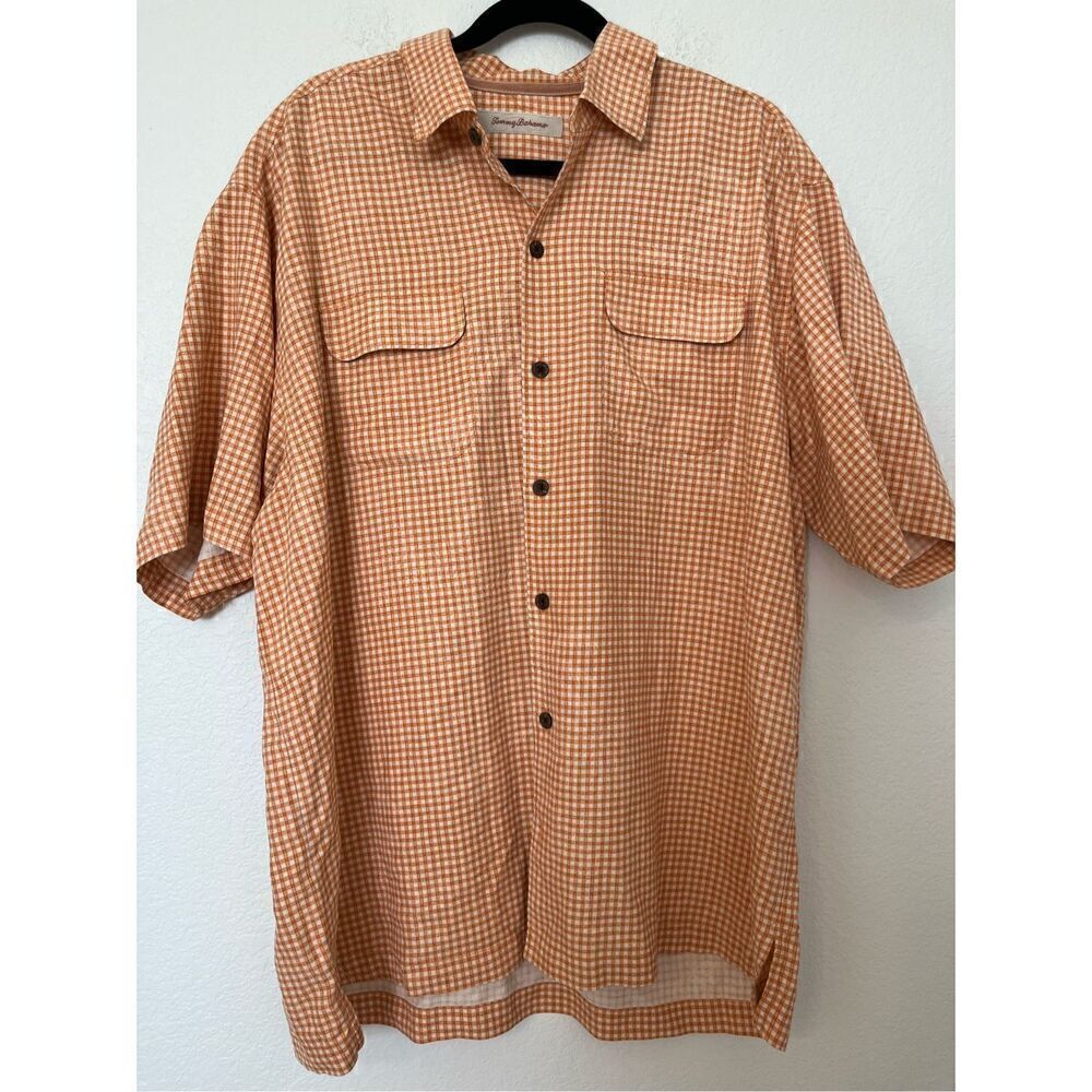 Tommy Bahama Orange Checkered Silk Button up Shirt